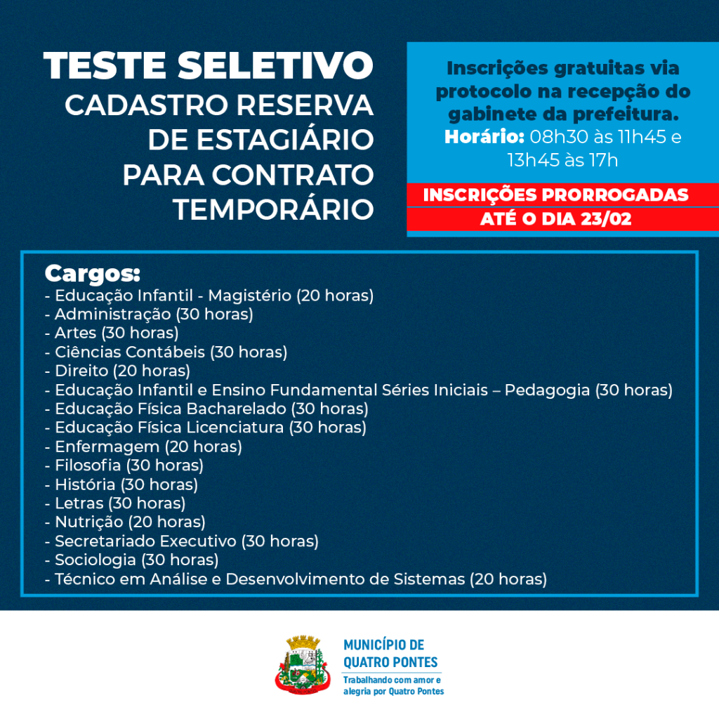 Hoje é o último dia de inscrição ao teste seletivo para cadastro