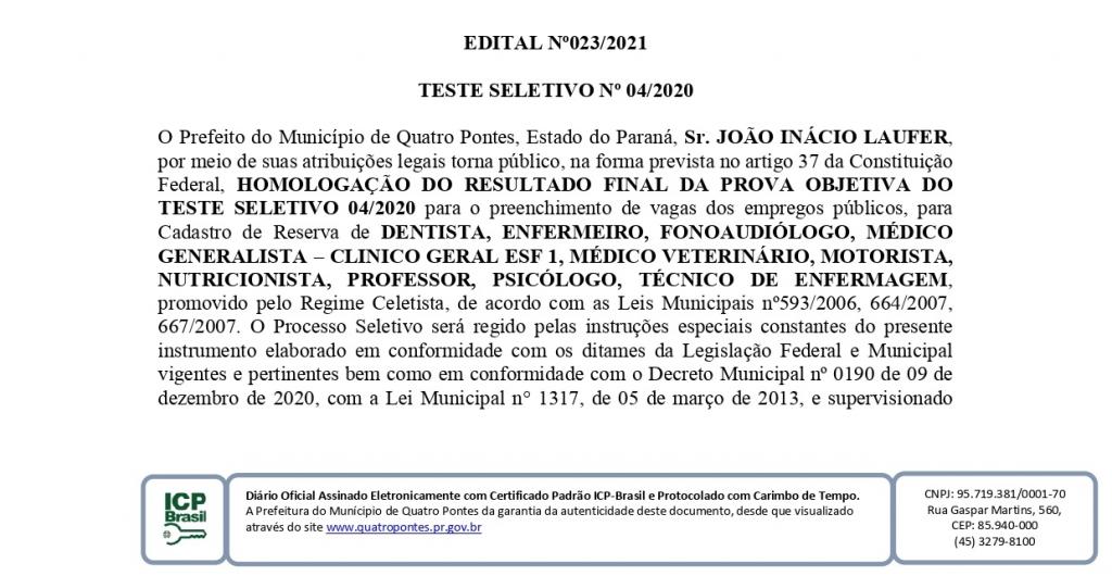 Quatro Pontes Divulga Homologa O Do Resultado Final Da Prova Objetiva