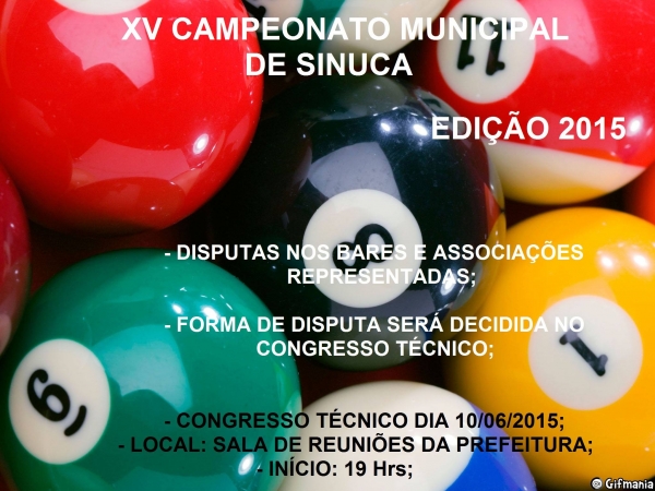 INSCRIÇÕES ABERTAS PARA O CAMPEONATO MUNICIPAL DE SINUCA